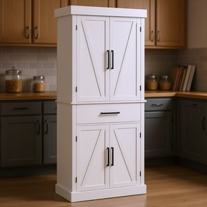 Armoire de rangement autoportante blanche de 72 pouces, design farmhouse, pour cuisine et maison, avec portes de grange et 5 étagères réglables - Product Image 2