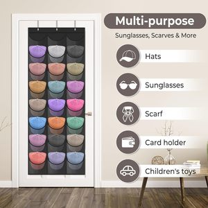 Organisateur de chapeaux à suspendre sur la porte, 24 poches, support de rangement transparent pour casquettes de baseball, fixation murale avec 3 crochets, noir - Product Image 6