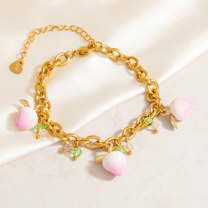 Pulsera con Dije de Melocotón en Acero Inoxidable Color Oro 18K, Joyería para Uso Diario de Mujer con Cristal y Diamantes de Imitación - Product Image 4