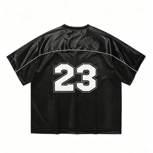 T-shirt noir streetwear hip-hop coupe ample col en V en maille avec logo personnalisé et passepoil rétro pour le football (vente en gros) - Product Image 2