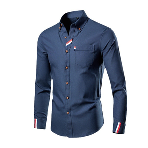 Autunno primavera <span class=keywords><strong>camicia</strong></span> Casual in Denim a maniche lunghe da <span class=keywords><strong>uomo</strong></span> <span class=keywords><strong>di</strong></span> moda taglie forti in cotone con tasca in <span class=keywords><strong>pelle</strong></span> abbinata a abbigliamento Casual - Product Image 4