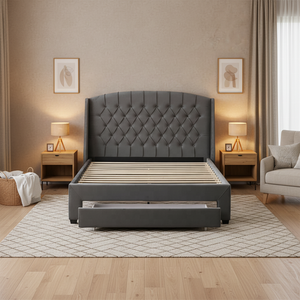 Lit rembourré de style simple de bonne qualité, boutons capitonnés, tête de lit incurvée, lit ottoman avec rangement, taille Queen - Product Image 4