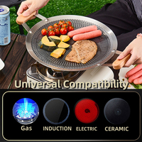 Plaque de cuisson coréenne antiadhésive en nid d'abeille, en acier inoxydable 316, ronde, avec poignée en bois pliable pour le camping en plein air