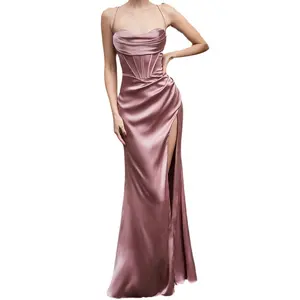 Hot Selling Sleeveless Black Crystal Corset Halter High Slit Satin Dress One-Shoulder Maxi Evening Dress