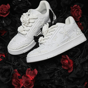 3D Rose Embellished Women Skate Sneakers Embossed Star Pattern <b>White</b> Low Top Fashion Street <b>Shoes</b> - Product Image 1