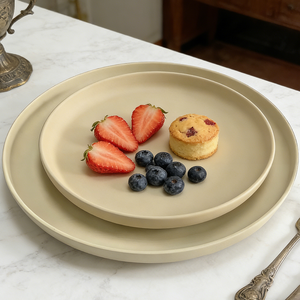 ชุดจานอาหารเมลามีนทรงกลมสีเบจ 2 ชิ้นอเนกประสงค์ สำหรับอาหารเรียกน้ำย่อย ของหวาน และอาหารจานหลัก - Product Image 1