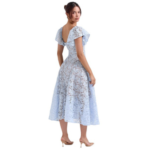 Stile palazzi Retro pizzo a vita alta abito sottile con scollo a V Sexy abiti Midi manica corta per le <span class=keywords><strong>donne</strong></span> - Product Image 3