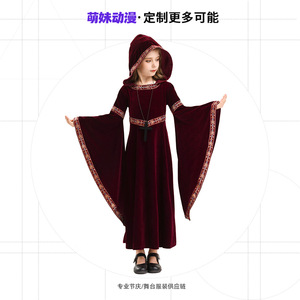 Halloween Medieval Style Dress Adult Women Stage Performance <b>Costume</b> Long Sleeve Hooded 80% Polyester Velvet Party Events - Product Image 4