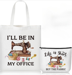 Borsa tote in tela stampata '<span class=keywords><strong>I</strong></span>'ll Be In My Office', pochette per trucchi, regali divertenti per sarte, amanti del cucito, mamme - Product Image 1