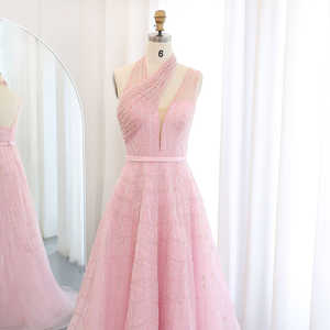 Para SZ329 Fairy Pink Halter asimétrico hasta el suelo A-Line Organza noche cumpleaños fiesta pluma cristal patrón plisado - Product Image 3