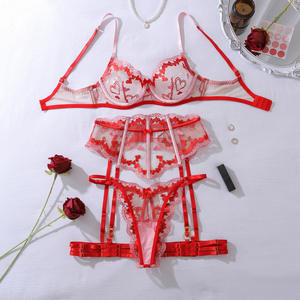 Hartvormig geborduurde sexy lingerie 4-delige set, fantasierijk mesh met strikken, patchwork, doorschijnende bh's en strings, kousenbandset, erotische set 1554 - Product Image 6