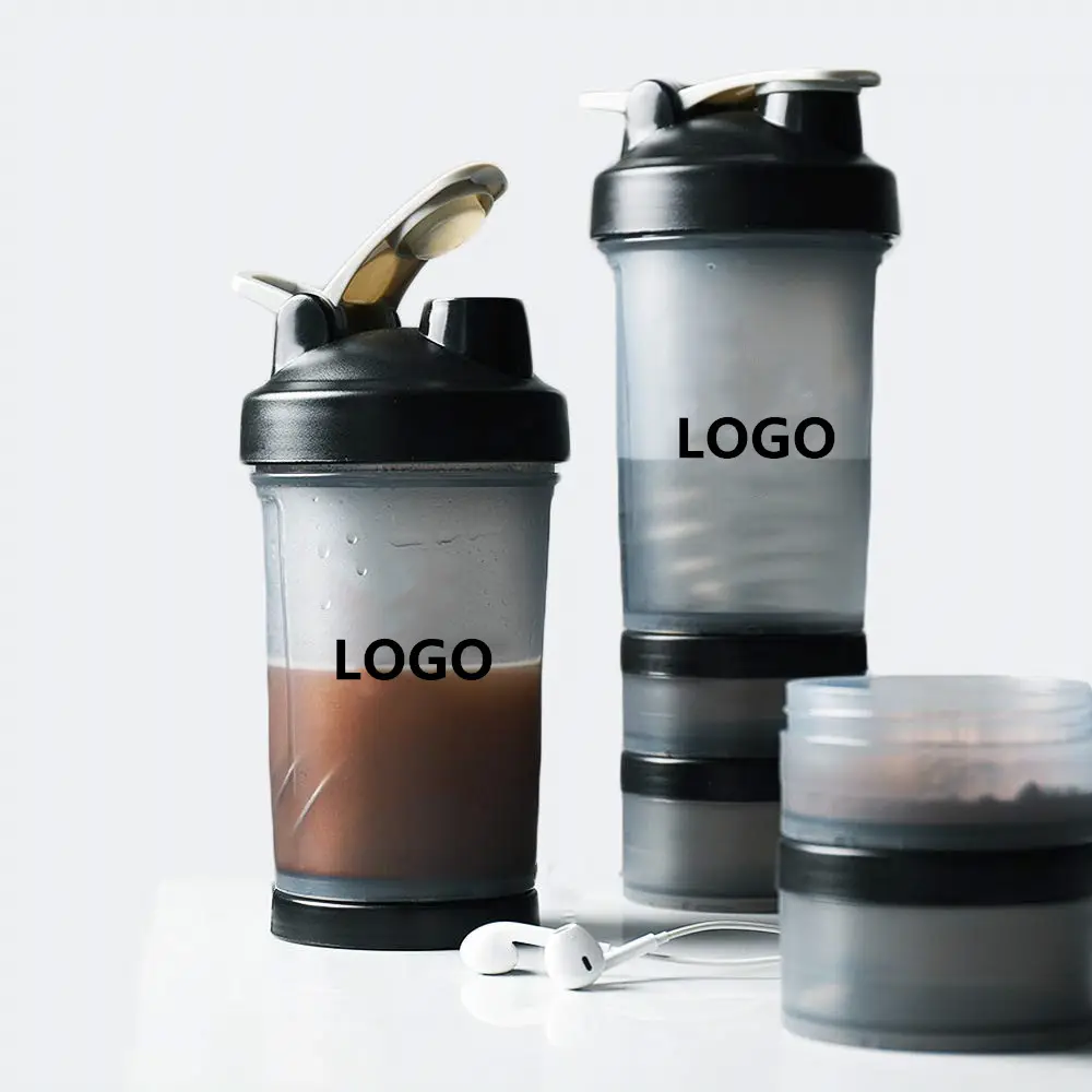 नई डिजाइन Leakproof कस्टम लोगो प्लास्टिक प्रकार के बरतन बोतल प्रोटीन प्रकार के बरतन तीन परत खेल फिटनेस पानी की बोतल
