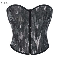 Femmes Vintage Corselet Crop Top Dash Gris Mode Paillettes Bustier Avant Fermeture Éclair Dentelle Décoration Ferme Contrôle Plus La Taille Corset