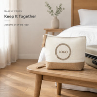 Pochette de maquillage en toile écologique avec logo personnalisé, base en jute, fermeture éclair, sangle de poignet, réutilisable, portable pour les voyages et l'usage quotidien