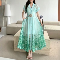 Robe trapèze en mousseline à dégradé floral, longueur cheville, grande taille, avec ceinture et manches courtes à boutons – Printemps-Été, Romantique et Décontractée