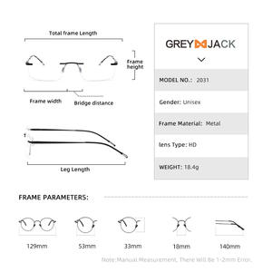 Lunettes sans monture Greyjack, rectangulaires, en métal, unisexes, design fin, ME2031, verres en acétate - Product Image 4