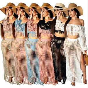 באביב קיץ חדש עיצוב רשת tassel סקסי יבול צמרות וחצאית ארוכה החוף נסיעות נשים שתי חתיכות סט