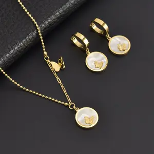 Titanium White Shell Round Pendant Gold Beads Chain Necklaces Hoop Earring Butterfly Necklace and Earrings Set for Women Girls