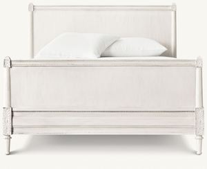 Lit rembourré en bois massif gris clair vieilli. Tête de lit incurvée en tissu pour lit double de style américain pour chambre principale. - Product Image 1