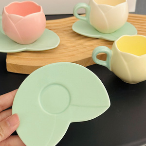 Mini 100ml Embossed Ceramic Tulip Shaped Eco-Friendly Durable 3 Colors Coffee Shop Girl Heart Espresso <b>Cup</b> <b>Saucer</b> Set - Product Image 5
