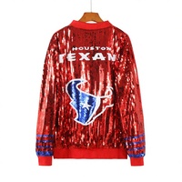 Veste à sequins 2027 Texan Game Day à motif uni rouge, blanc et bleu avec logo en jersey tissé sur le devant et fermeture éclair – Vente en gros personnalisée