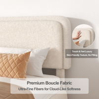 Lit rembourré en tissu bouclé crème avec large tête de lit ronde, cadre en tissu rembourré et pied de lit à profil bas pour maison moderne