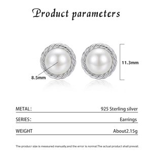S925 <b>Silver</b> Twisted Rope Halo Pearl <b>Stud</b> Earrings Classic Round Freshwater Pearl Jewelry Elegant Gift for Women Girls - Product Image 6