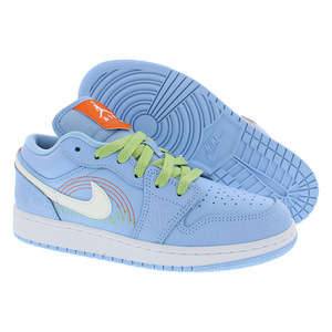 Nike Air Jordan 1ต่ำ SE GS รองเท้ากีฬาเด็กผู้หญิงรองเท้าผ้าใบสีฟ้า/สีเขียวสดใส/ความปลอดภัยสีส้มขนาด4กับ PU - Product Image 5