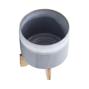 Vaso in ceramica con supporto in legno, moderno vaso in gres per piante da interno ed esterno, vaso rotondo per fiori, decorazione per la casa - Product Image 4