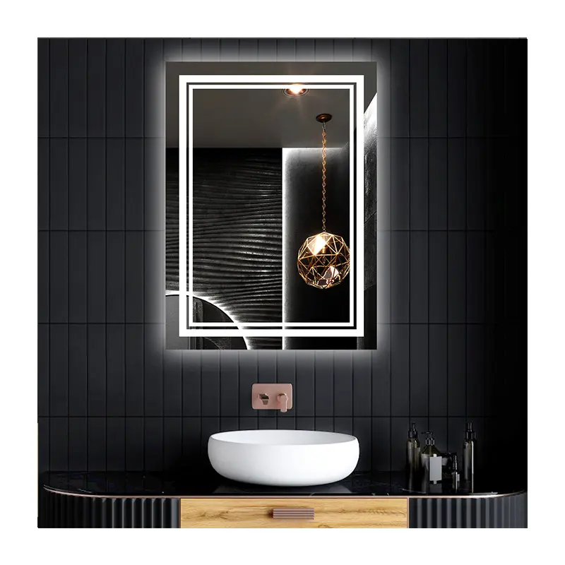 Penjualan laris cermin mandi LED modern untuk rias dan pencukur cermin persegi panjang bercahaya kaca sentuh pintar