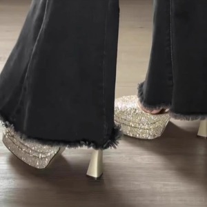 Women's 2026 Champagne Gold Chunky Heel Model-Style High Heels Fashionable and Sexy Double Platform High Heels - Product Image 4