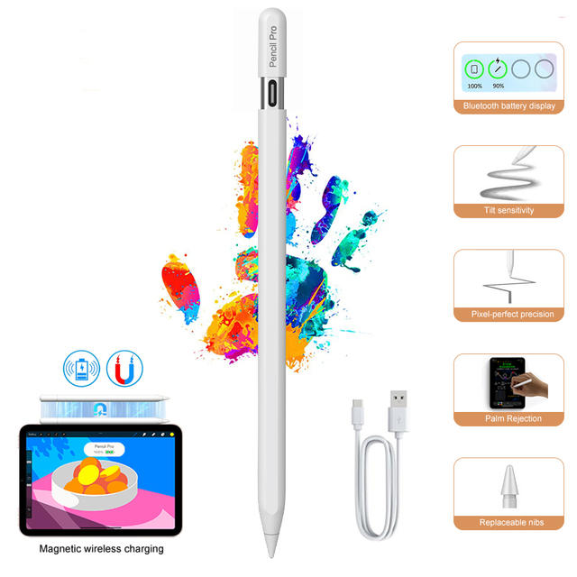 REXIAO P24Pro for Pencil Pro Palm Rejection Magnetic Wireless Charger Type-C Charging Port Stylus 1.7mm Tip for iPad Air