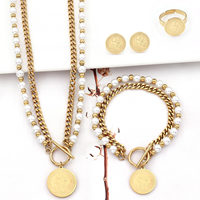 Ensemble de bijoux pour femme avec pendentif Queen Elizabeth II, en acier inoxydable vintage, double couche, perles, boucles d'oreilles, bague, collier et bracelet