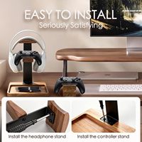 Supports pour casques en bois d'acacia avec support pour manette et base de rangement, support pour casque de jeu, organisateur de bureau pour accessoires de jeu