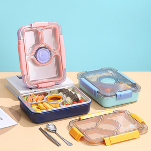 27,5*20*6,5 CM 950ML Diseño de 4 compartimentos Caja Bento de acero inoxidable Juego de Almuerzo completo con cubiertos portátiles para niños - Product Image 1