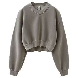 Felpa Personalizzata da <span class=keywords><strong>Donna</strong></span> con Lavaggio Acido, Scollo a V, in <span class=keywords><strong>Pile</strong></span>, <span class=keywords><strong>Oversize</strong></span>, Pullover da <span class=keywords><strong>Donna</strong></span>, Felpe Corte con Cappuccio all'Ingrosso - Product Image 2