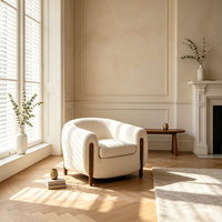 Fauteuil d'appoint en tissu bouclé crème, fauteuil simple incurvé avec accoudoirs en bois, mobilier de salon moderne du milieu du siècle, fauteuil tubulaire