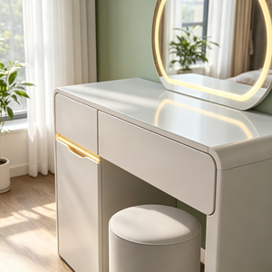 Ensemble de meuble-lavabo intégré crème avec miroir LED rond à anneau et bande lumineuse latérale, tabouret rond en cuir souple, bureau de maquillage pour dressing - Product Image 2