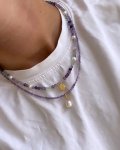 สร้อยคอโชคเกอร์หลายชั้นประดับคริสตัลเคลือบทอง 18K สีม่วงวินเทจ งานแฮนด์เมดประณีต พร้อมไข่มุกน้ำจืด - Product Image 1