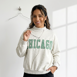 Hot Sale Chicago Gingham Patchwork <b>Letter</b> <b>Applique</b> Mock Neck Sweatshirt Women's Cotton Blend Turtleneck Autumn Style - Product Image 1