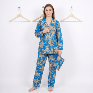 Ensemble de pyjama élégant en coton 100% imprimé numériquement, motif floral, vêtements de nuit traditionnels, doux et respirant pour l'automne et l'hiver - Product Image 1