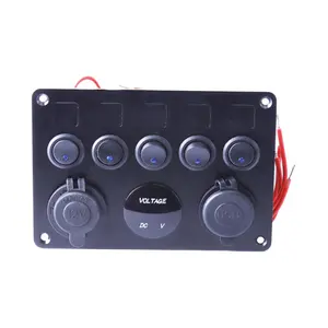 Multi-Function 5 Gang Rocker Dual USB Charger Digital Voltmeter 12V Outlet Pre-Wired Switch Panel with Circuit Breakers for Car
