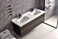 Meuble-lavabo mural flottant moderne de style nordique minimaliste, noir mat, aspect bois, double vasque avec plan de travail