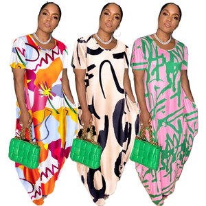 Vestido Casual Holgado de Buena Calidad para Mujer, Vestido Maxi Estampado de Manga Corta con Cuello Redondo Delgado para Mujer - Product Image 1