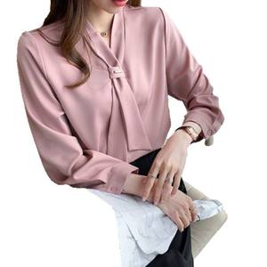 <span class=keywords><strong>Camisa</strong></span> base <span class=keywords><strong>con</strong></span> cuello en V y detalle de lazo para mujer de gasa <span class=keywords><strong>blanca</strong></span> profesional 2025 para ropa de oficina de Primavera otoño y verano - Product Image 5