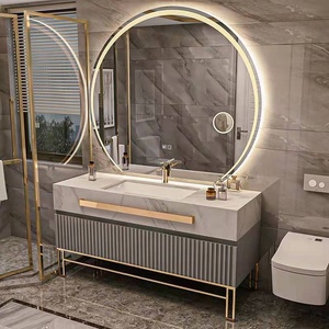 Rock Plate Integrated Basin Light Coiffeuse <span class=keywords><strong>de</strong></span> <span class=keywords><strong>salle</strong></span> <span class=keywords><strong>de</strong></span> <span class=keywords><strong>bain</strong></span> murale <span class=keywords><strong>de</strong></span> luxe en bois massif avec miroir et lavabo pour appartements d'hôtel - Product Image 4