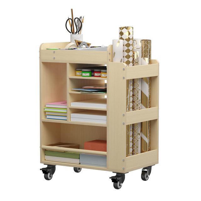 Art Activity Cart - Rolling Wooden Storage Cabinet and Shelves Arts and Crafts Supply School Furniture|Combohome