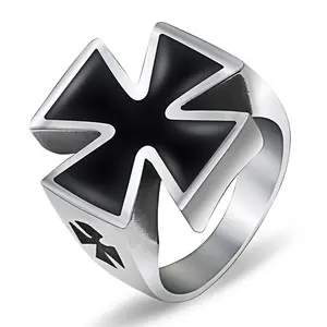 BINSHUO Wholesale Custom Stainless Steel Jewelry Personality Titanium Steel Vintage Drop Glue German Black Iron Cross Ring Men