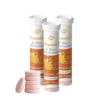 Comprimés effervescents de vitamine C et de zinc à marque privée OEM, saveur orange, 20 comprimés par tube, soutien immunitaire et antioxydant