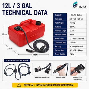 Réservoir de carburant marin LINDA 12L (3 gallons) avec connecteur de pompe d'amorçage <span class=keywords><strong>pour</strong></span> <span class=keywords><strong>moteur</strong></span> <span class=keywords><strong>hors</strong></span>-<span class=keywords><strong>bord</strong></span> Yamaha 2 temps, bateau de pêche - Product Image 3